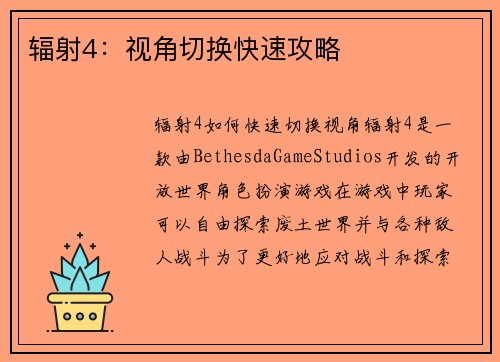 辐射4：视角切换快速攻略